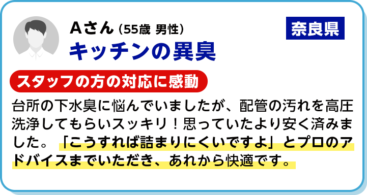 キッチンの異臭 スタッフの方の対応に感動 台所の下水臭に悩んでいましたが、配管の汚れを高圧洗浄してもらいスッキリ！思っていたより安く済みました。「こうすれば詰まりにくいですよ」とプロのアドバイスまでいただき、あれから快適です。
